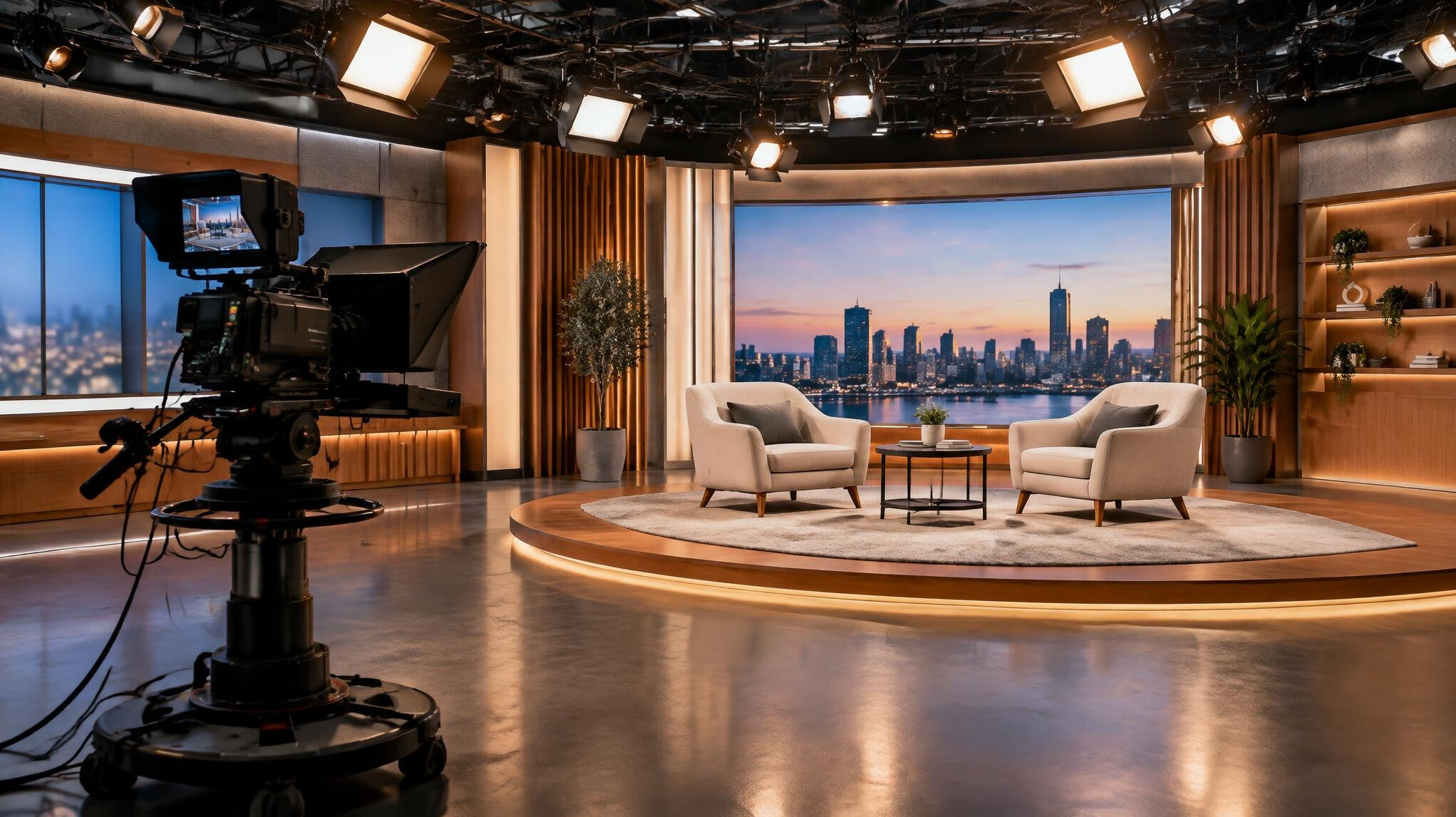Television studio with professional camera and studio lights