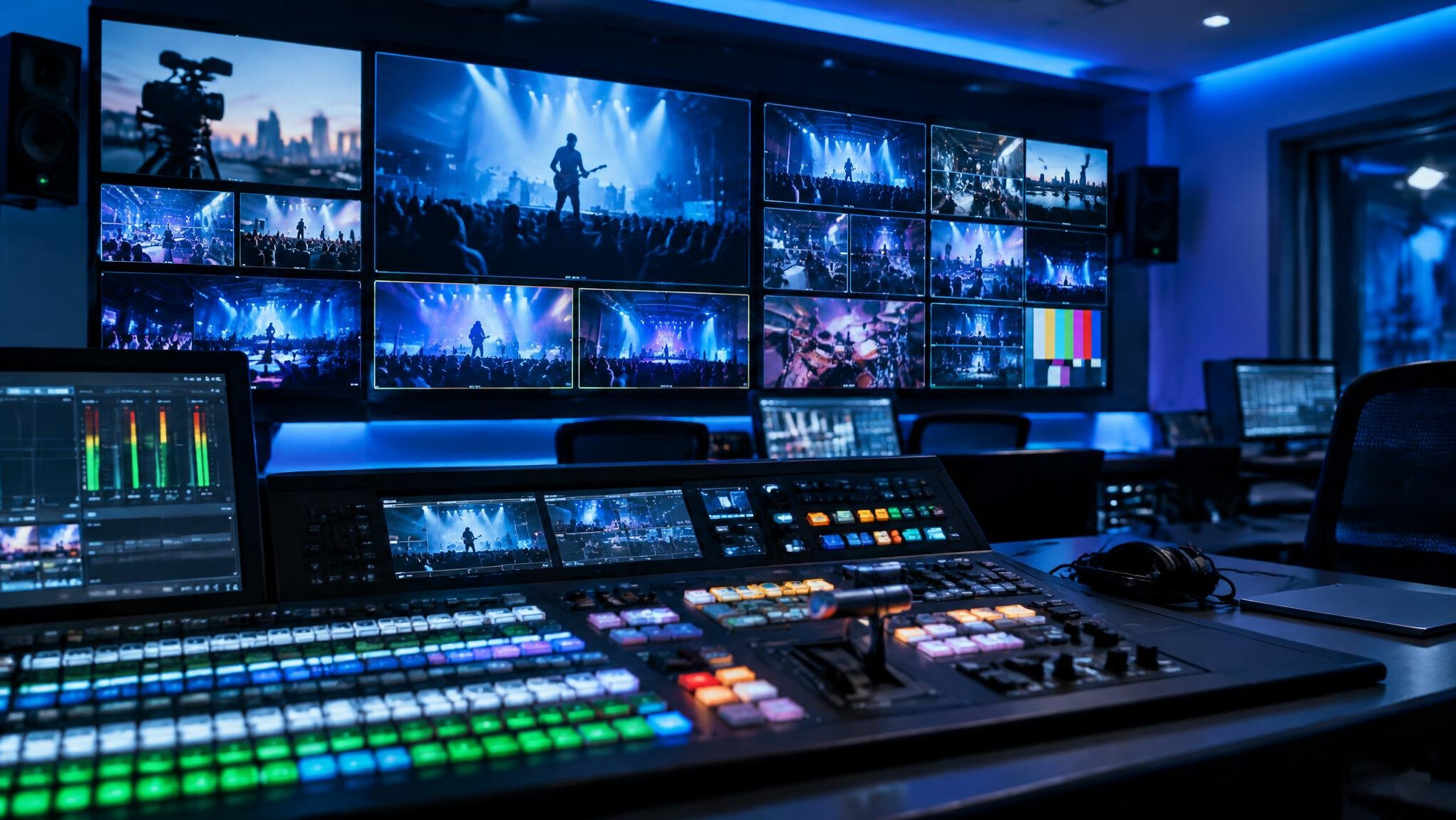 Broadcast control room with monitors